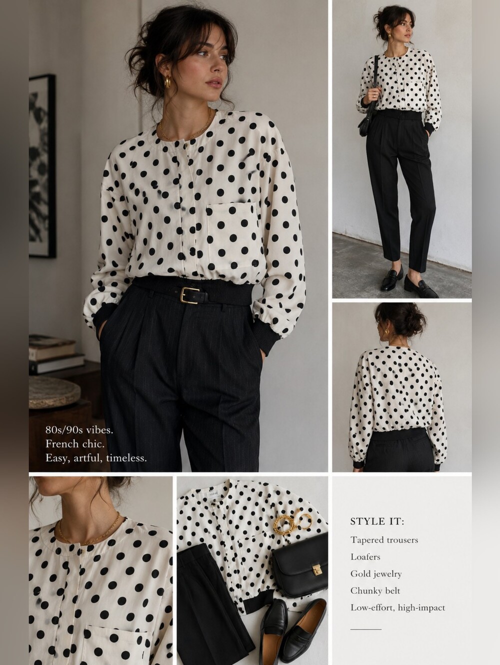 Vintage 80s 90s Polka Dot Bomber Blouse Jacket Black White Minimalist Oversized